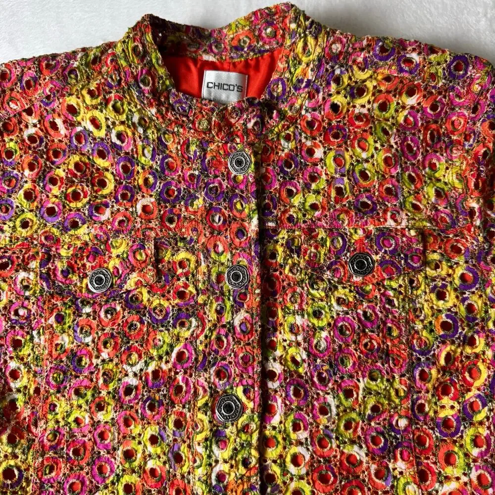 Chico’s Embroidered Jacket Size 3 Colorful Floral Textured Button Front Boho - Picture 5 of 11